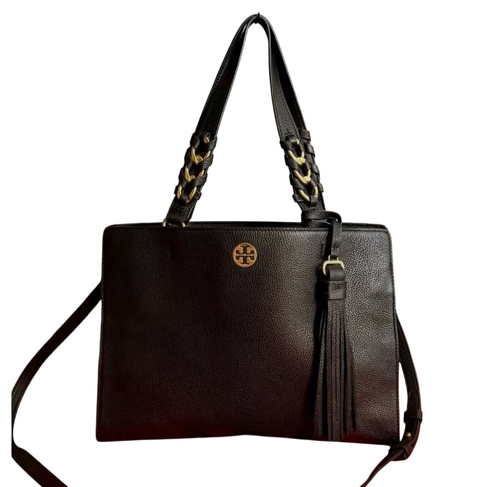 Tory Burch Brooke Black & Gold Pebbles Leather Satchel Handbag